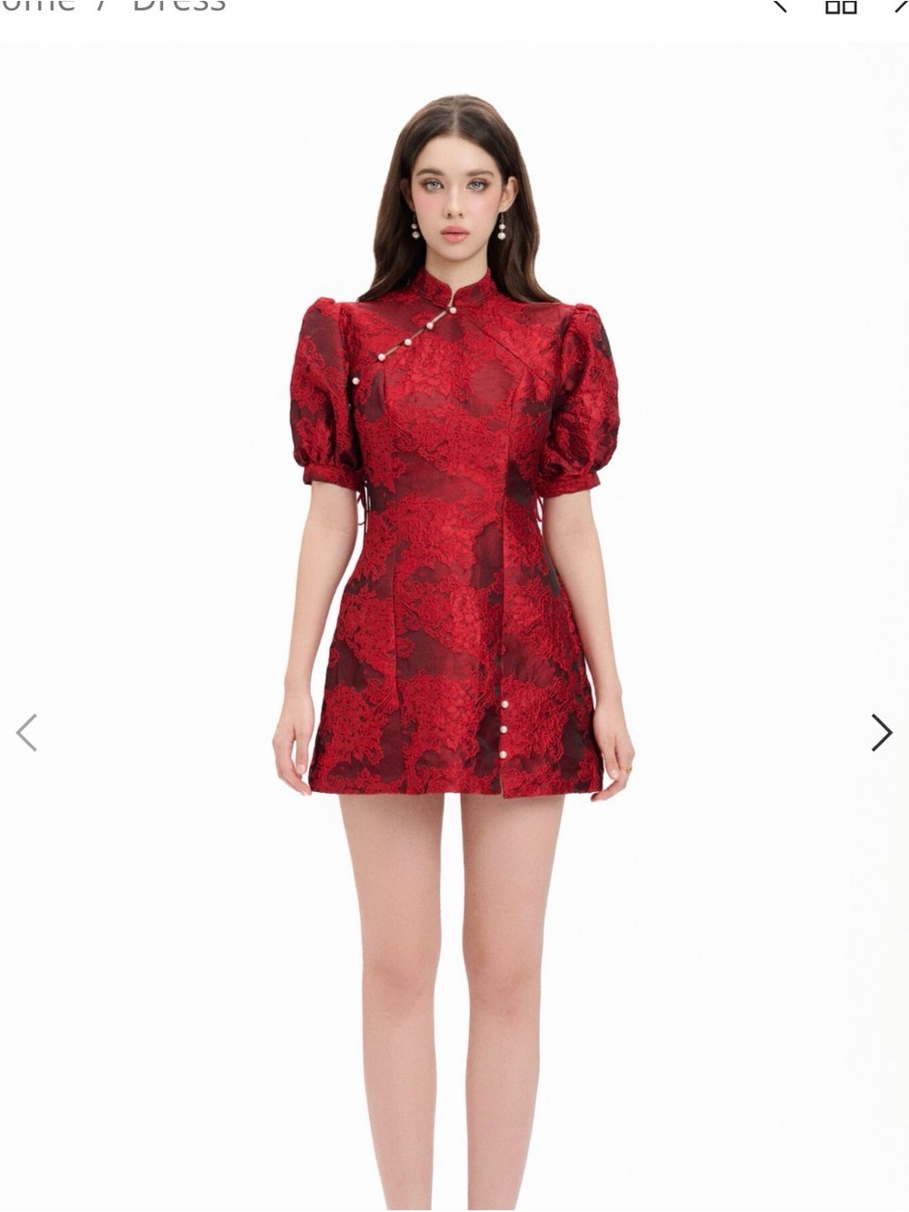 Red Jacquard Puff-Sleeve Mini Dress with Pearl Buttons